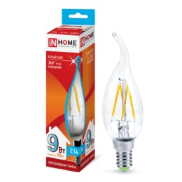 Лампа сд LED-СВЕЧА НА ВЕТРУ-deco 9Вт 230В Е14 4000К 810Лм прозрачная IN HOME