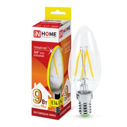 Лампа сд LED-СВЕЧА-deco 9Вт 230В Е14 3000К 810Лм прозрачная IN HOME
